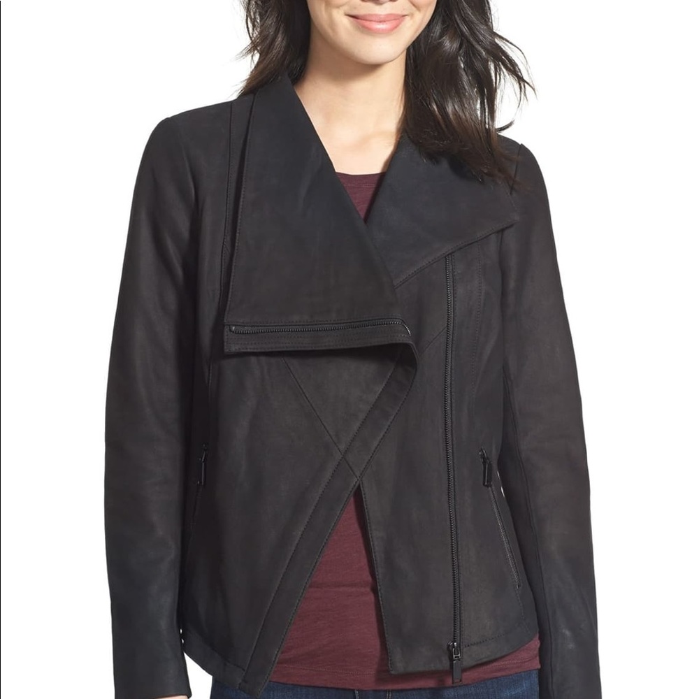 T Tahari Trisha Drape Front Black Leather Jacket M
